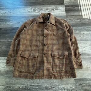 Vintage Retro Pendleton Brown Earth Tones Plaid Mens Large Button Up Coat